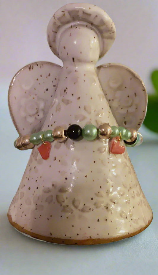 Green, Gold, and Black Accent Bracelet with Red Heart Charms-020