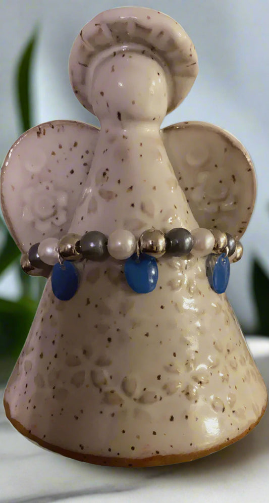 Dark Gray, White, and Silver Accent Bracelet with Blue Charms-021