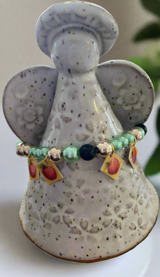 Green, Gold, and Black Accent Bracelet with Apple Charms-027