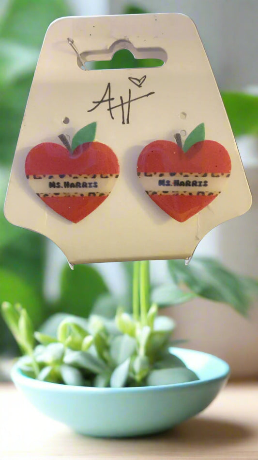 Personalized Apple/ Leopard Heart Earrings-095